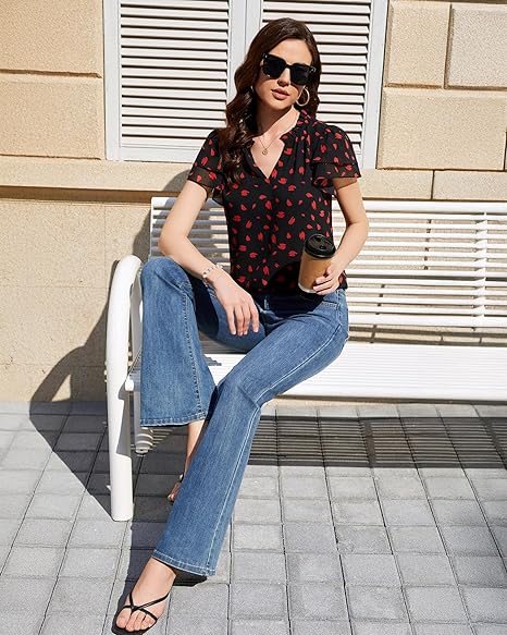 Womens Summer Tops Dressy Casual Short Sleeve Chiffon Blouses V Neck Business Work Shirts